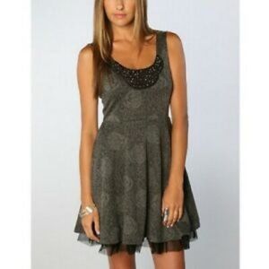 EUC FREE PEOPLE Beaded Floral A-Line Grey Boho Dress